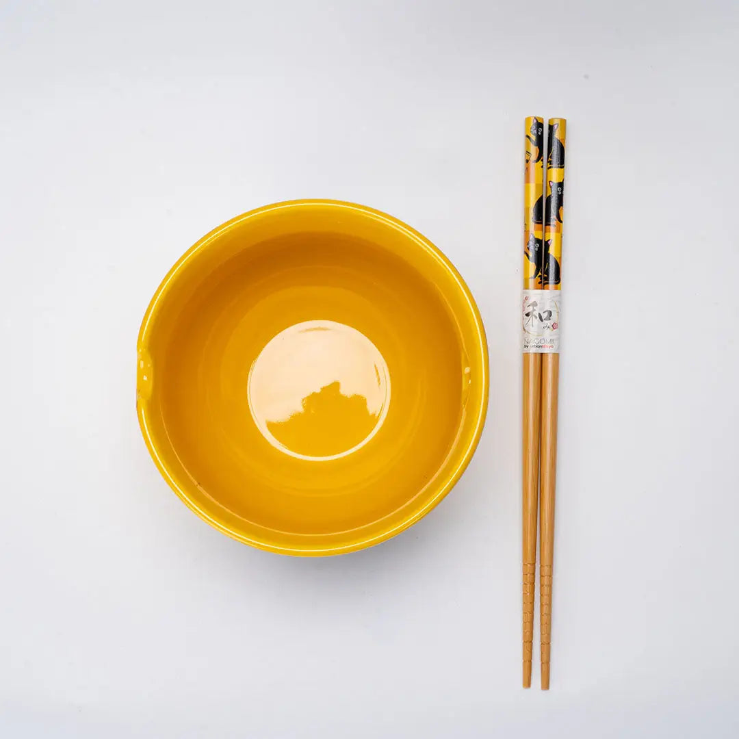 Japanese Noodle Bowl with Chopsticks Set - Neko Yellow