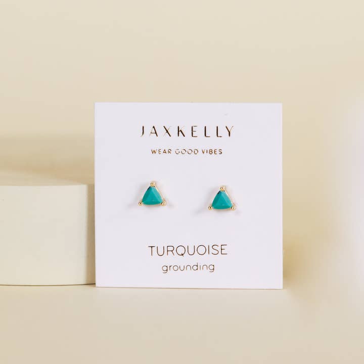 Mini Energy Gemstone Triangular Stud Earrings in Turquoise on branded card