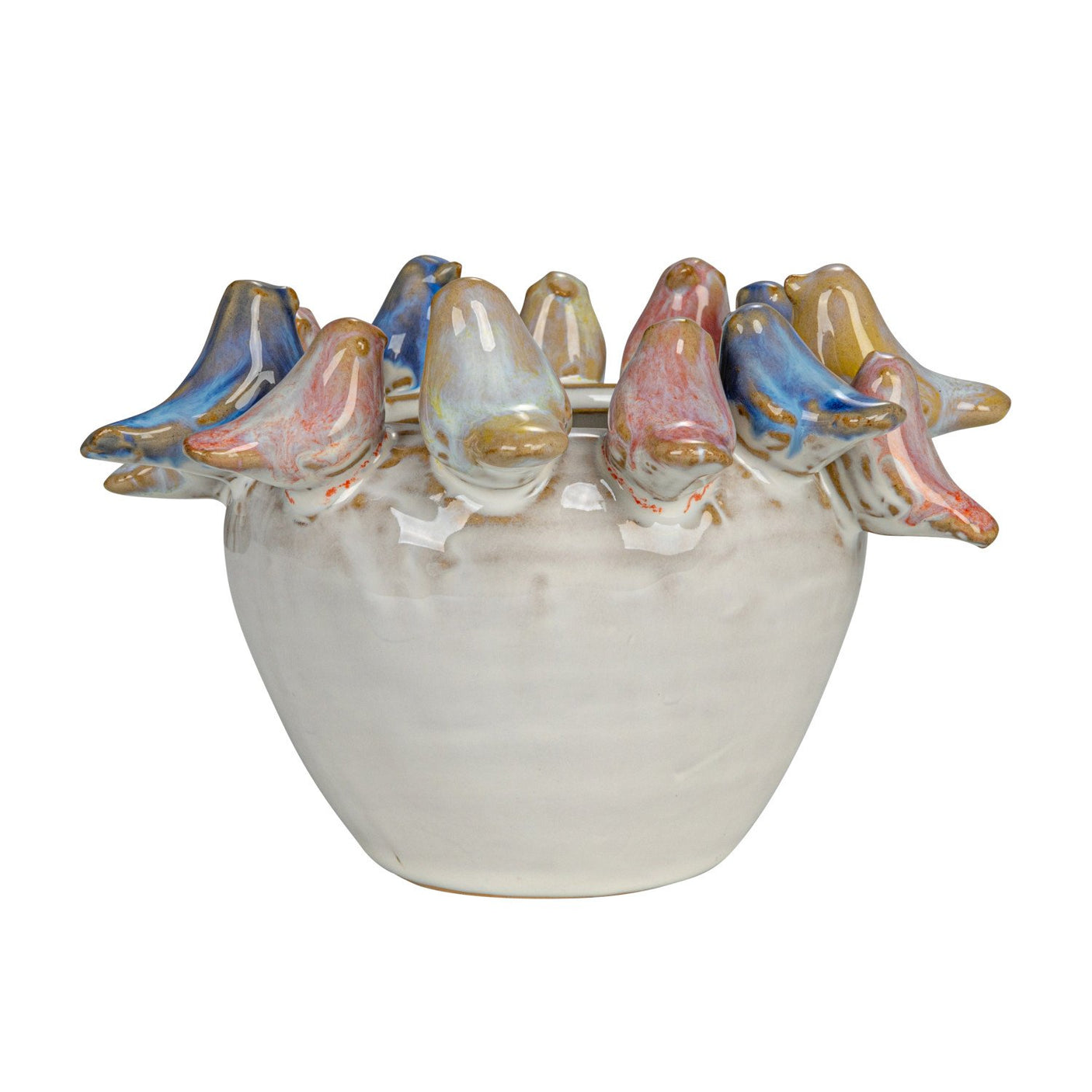 Birds On Rim Colorful Rustic Stoneware Planter (Holds 4" Pot)