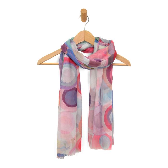 Overlapping Circle Collage Modern Print Lightweight Scarf in Pink on Hanger