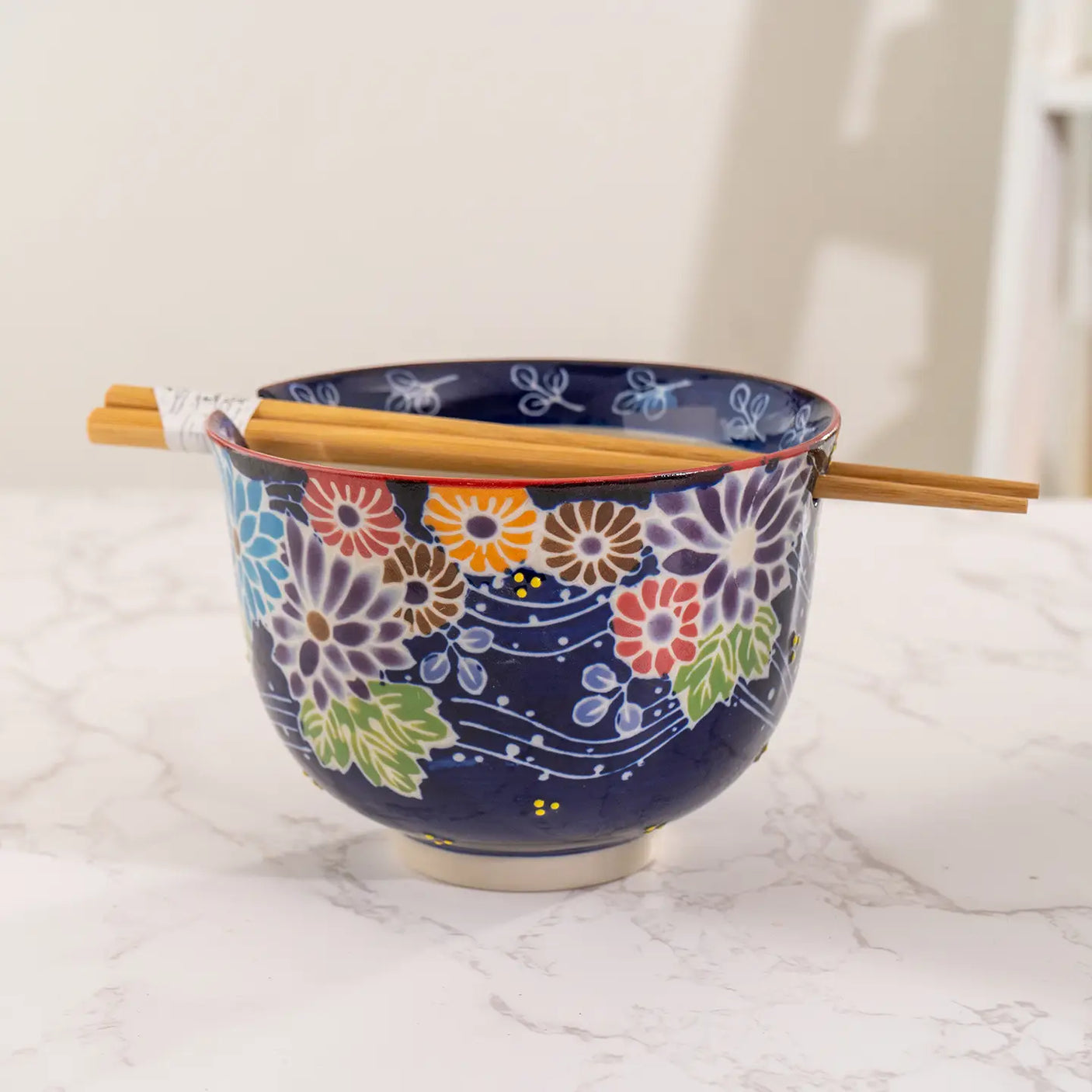 Asian Noodle Bowl with Chopsticks Set - Floral