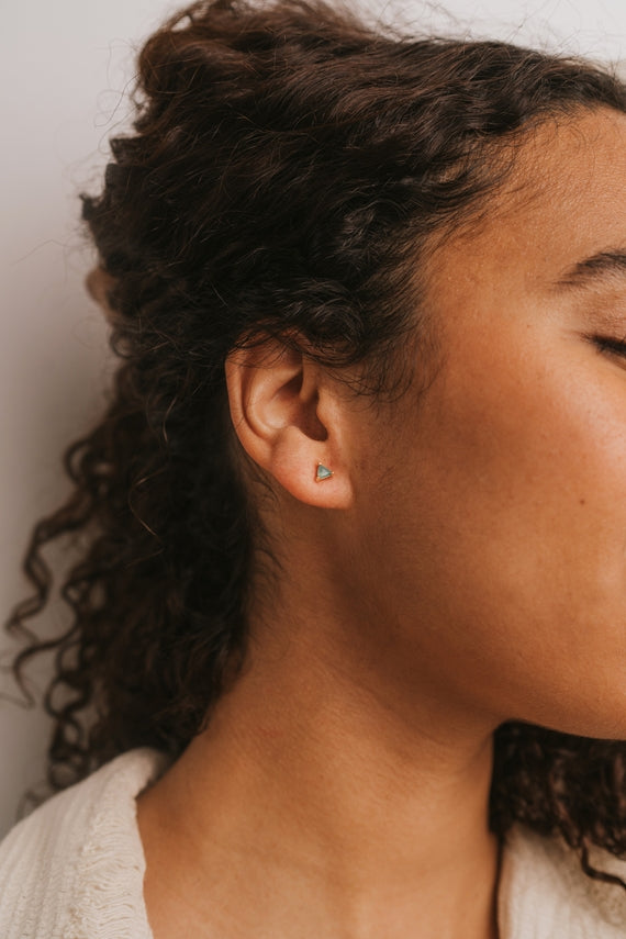 Mini Energy Gemstone Triangular Stud Earrings Modeled