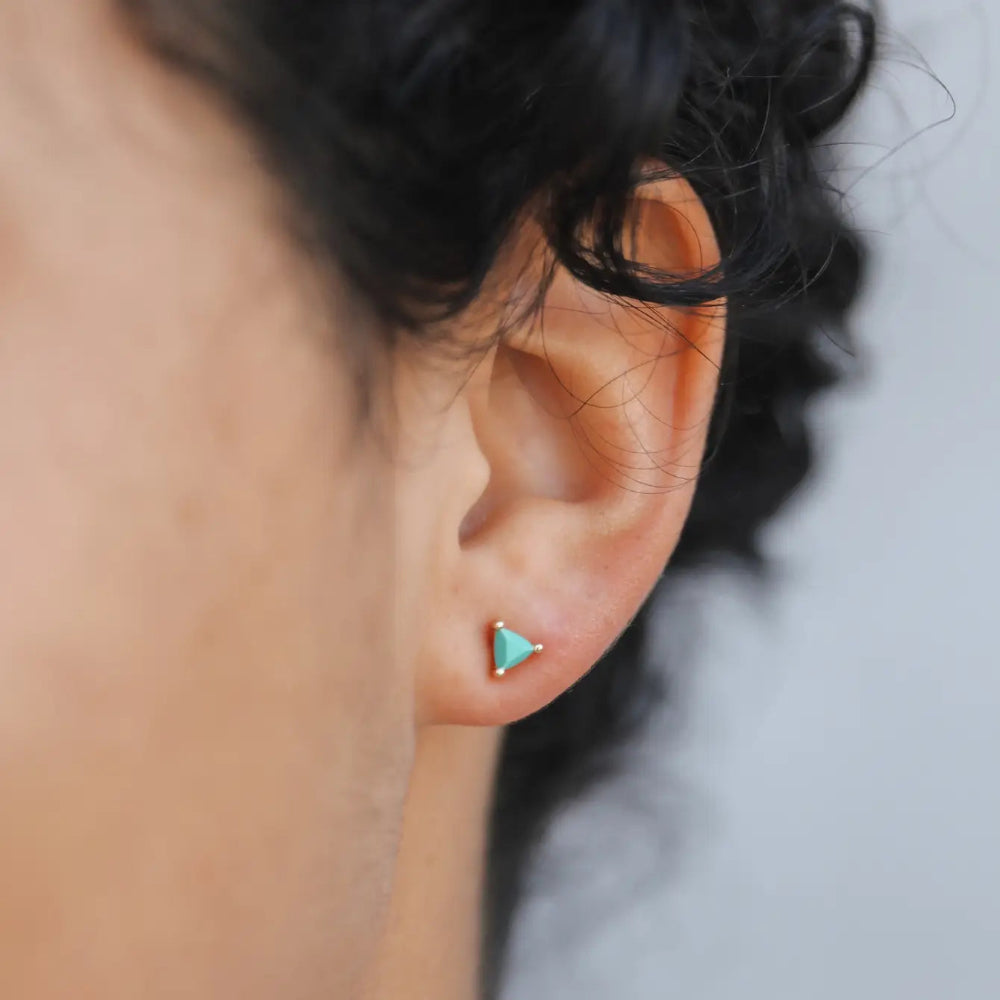 Mini Energy Gemstone Triangular Stud Earrings in Turquoise on Model
