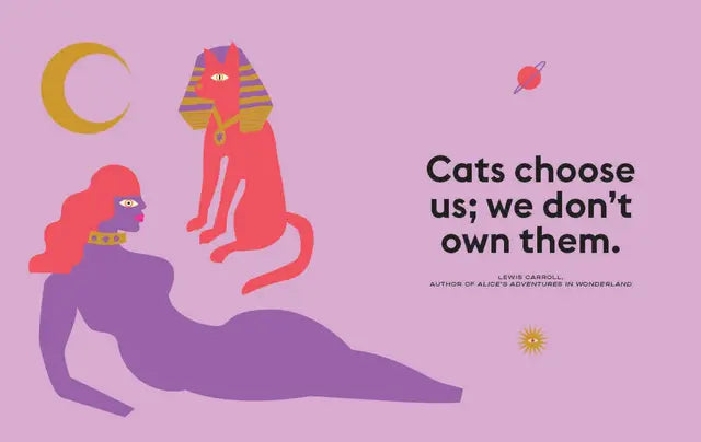 Cat Astrology Book Interior Pages of a quote reading, "Cats choose us; we don't own them," with Egyptian cat illustrations.