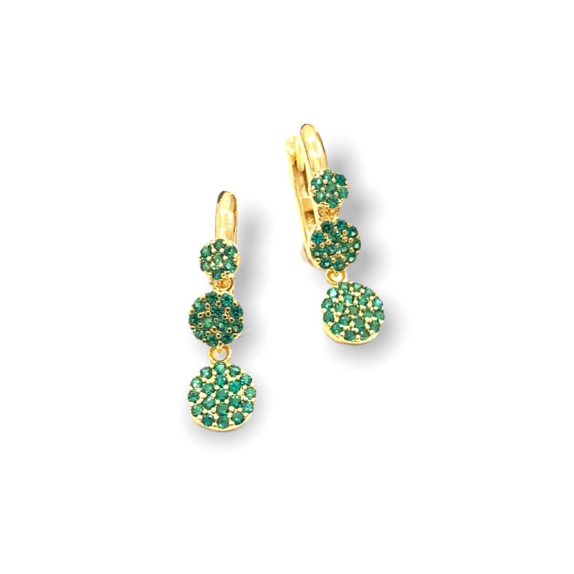 Belle Three CZ Disc Gold Hoop Earrings - Emerald