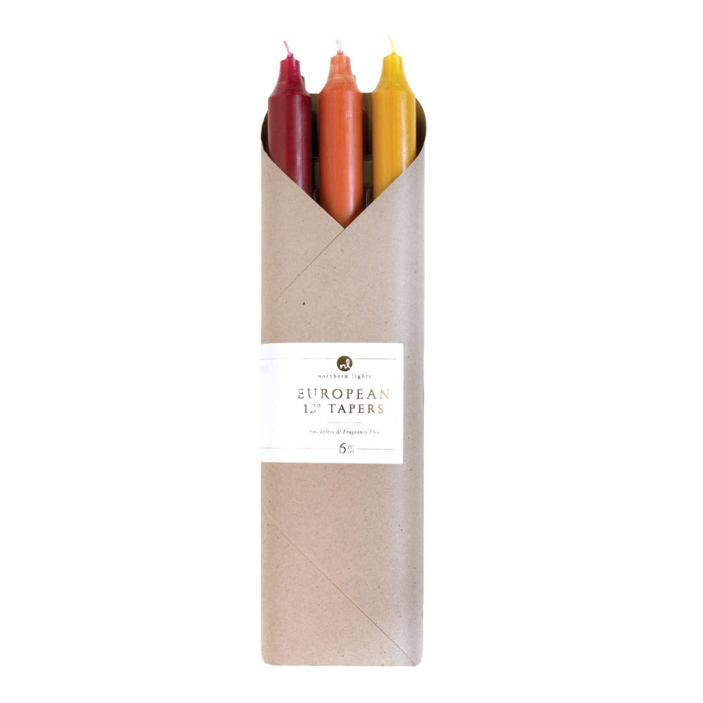 Autumn Harvest includes Bordeaux, Terra Cotta & Caramel. Gift sets contain 2pcs each of 3 different color 12 in tapers in artful combinations to suit any season or occasion. Comes packaged in a giftable paper wrap with an elegant label.