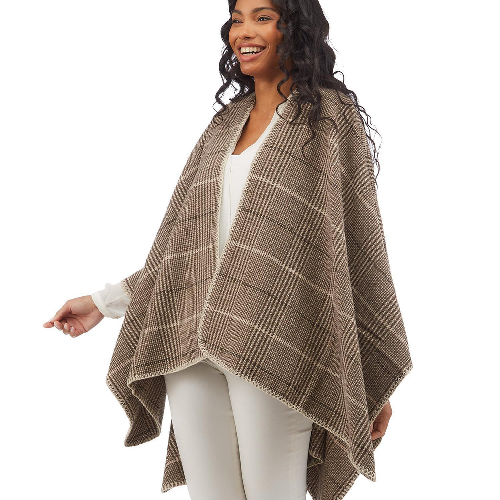 Cozy Chic Heavy Knit Riding Shawl in Neutral Color Palette and Soft Blanket Like Texture - Open Front Polyester