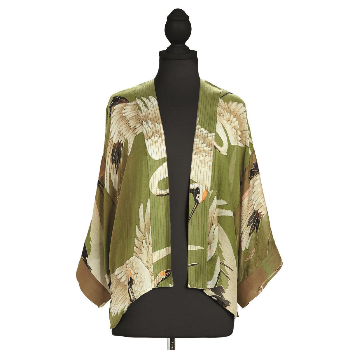 Great Heron Short Kimono in Green on mannequin