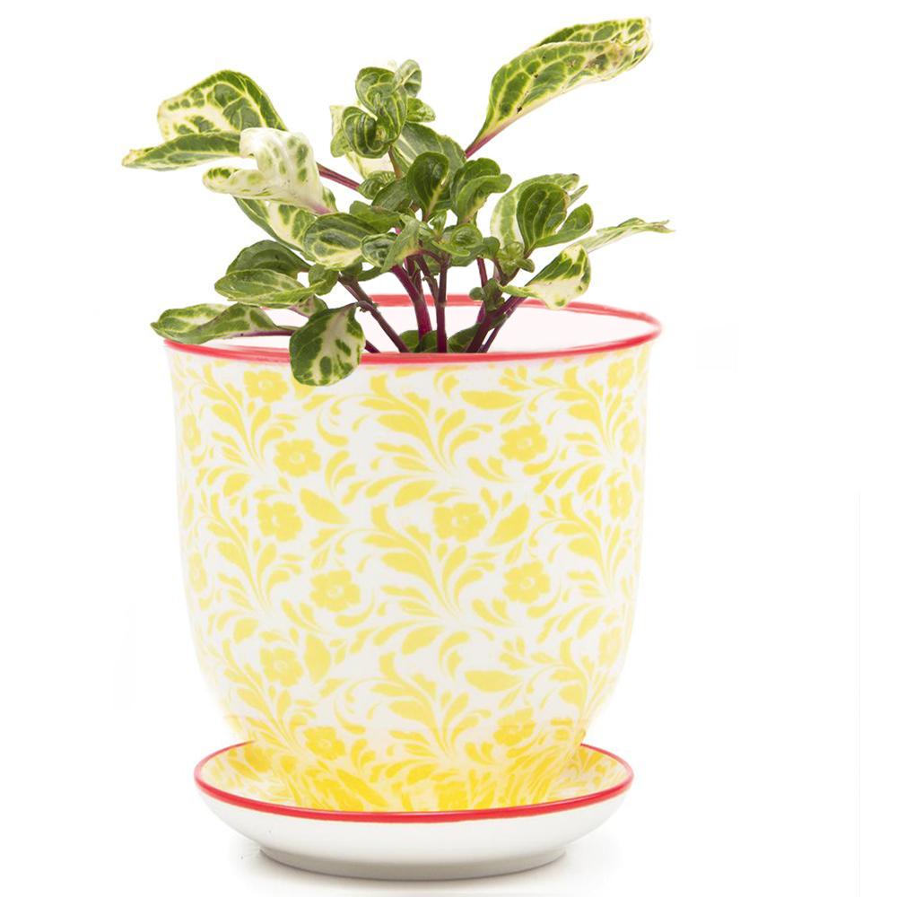 Yellow Flowers - Liberte Planter Pot + Saucer - Hello World Modern Mercantile