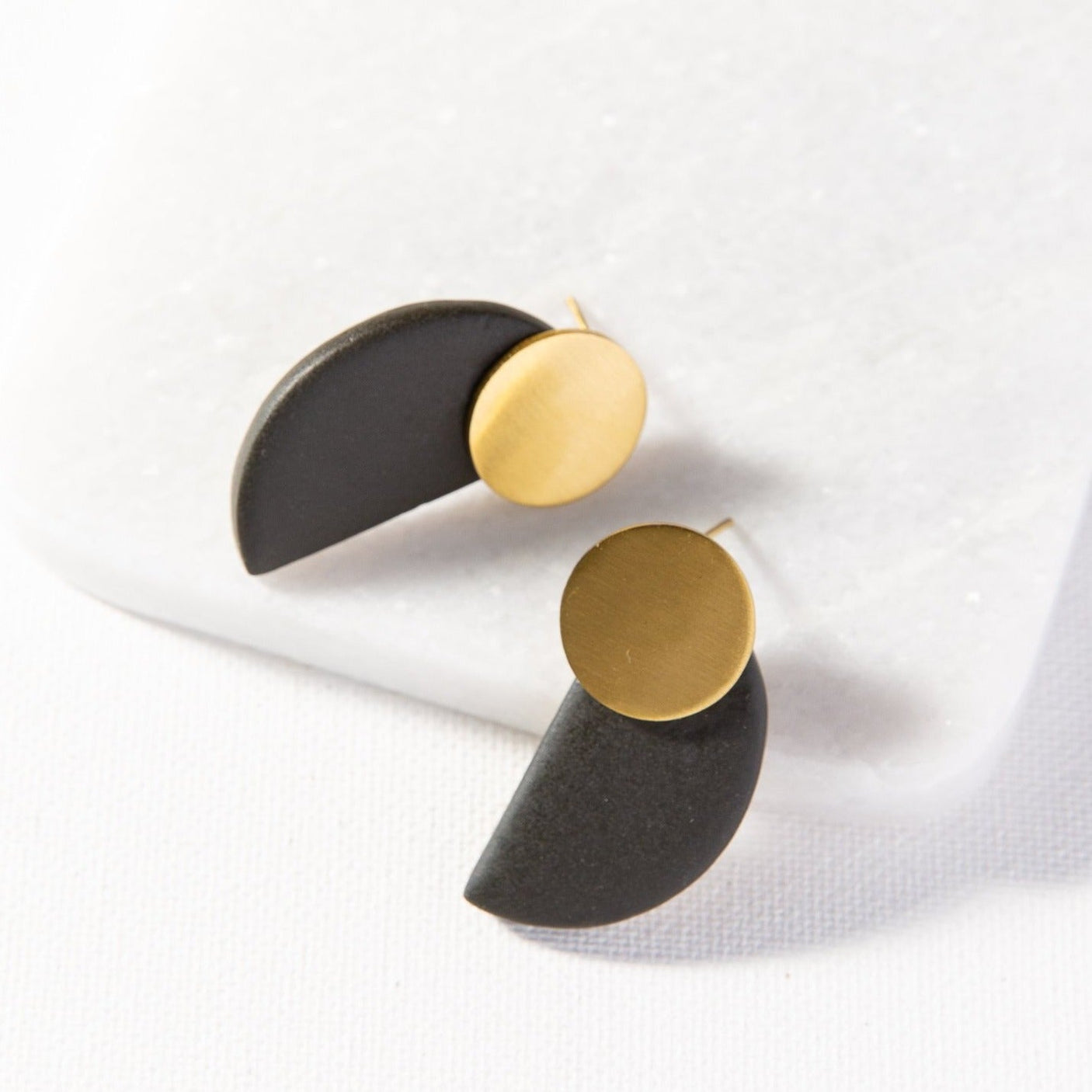 Black + Brass Ceramic Half Circle Post Earrings