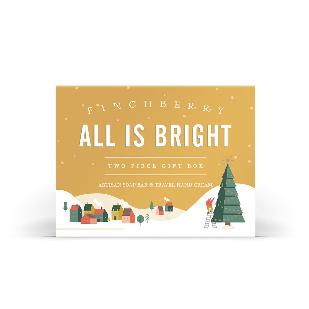 Finchberry All is Bright Two Piece Gift Box with handcrafted vegan soap and hand cream.