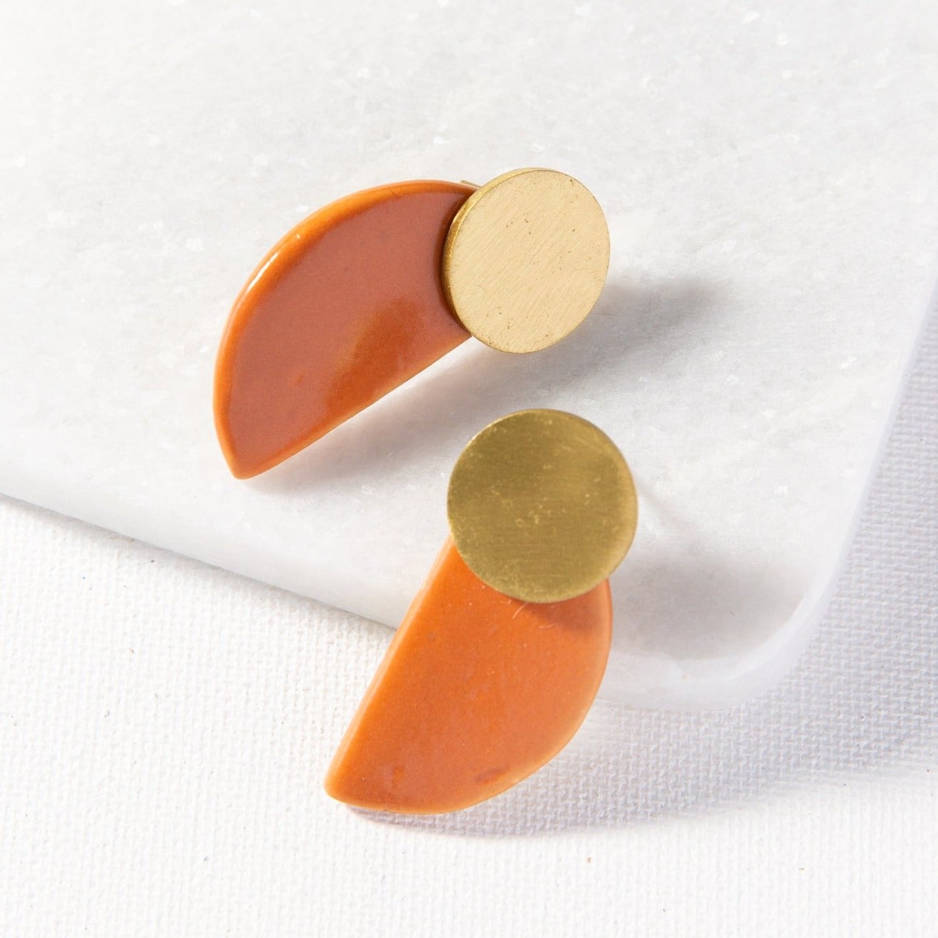 Terracotta + Brass Ceramic Half Circle Post Earrings