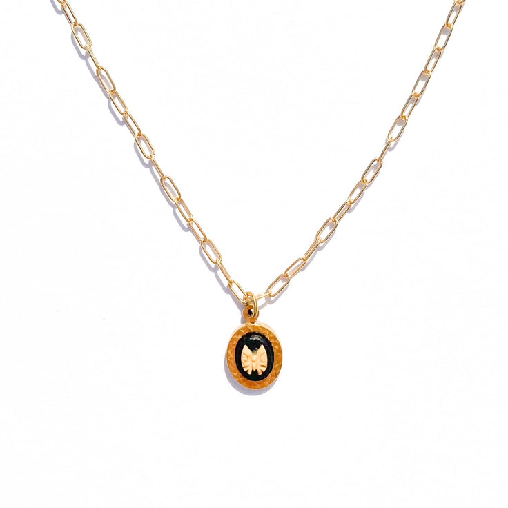 Carved Butterfly Charm Necklace - Black