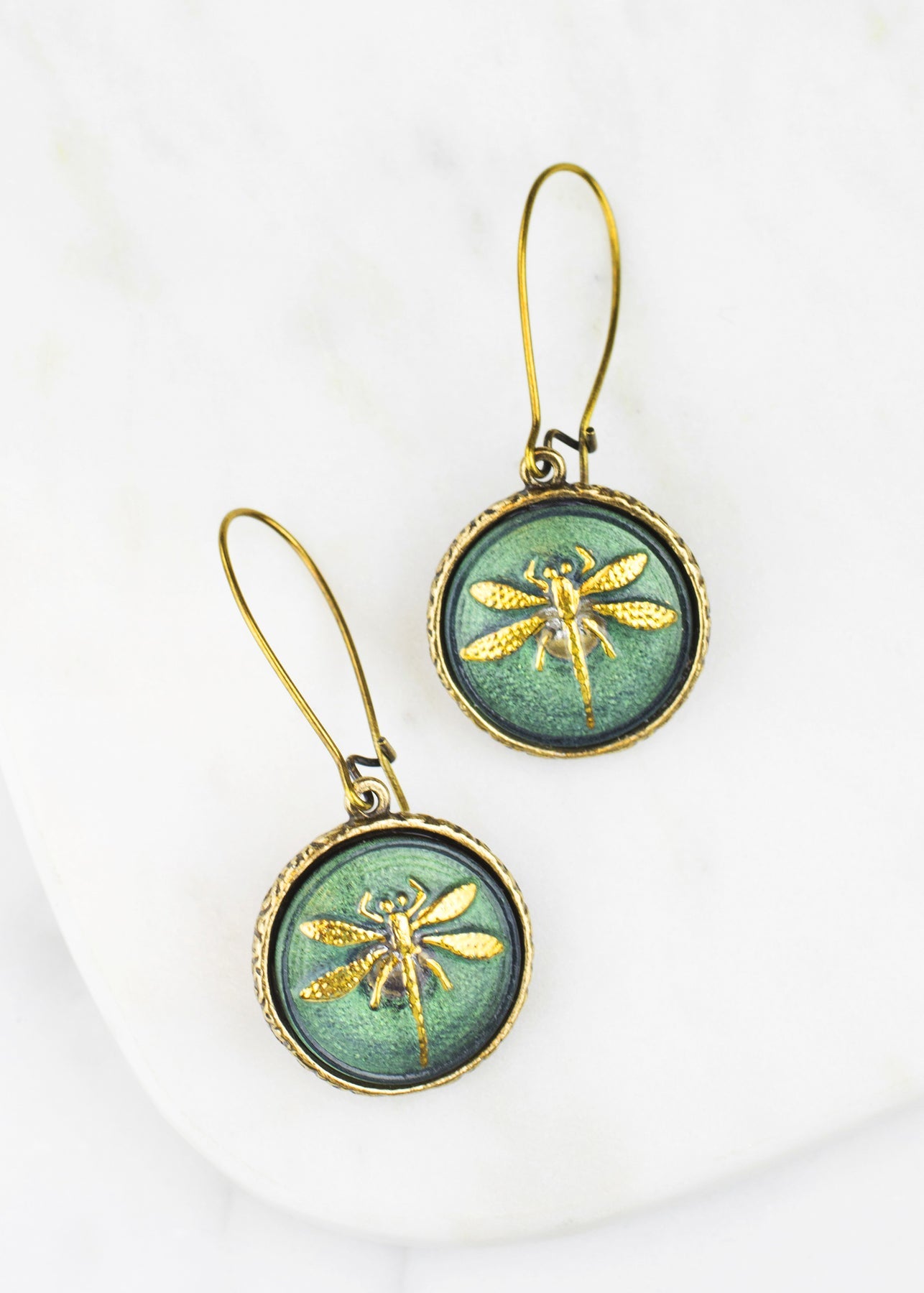Czech Hand-Pressed Glass Sage Dragonfly Vintage Button Earrings. Grandmother's Buttons