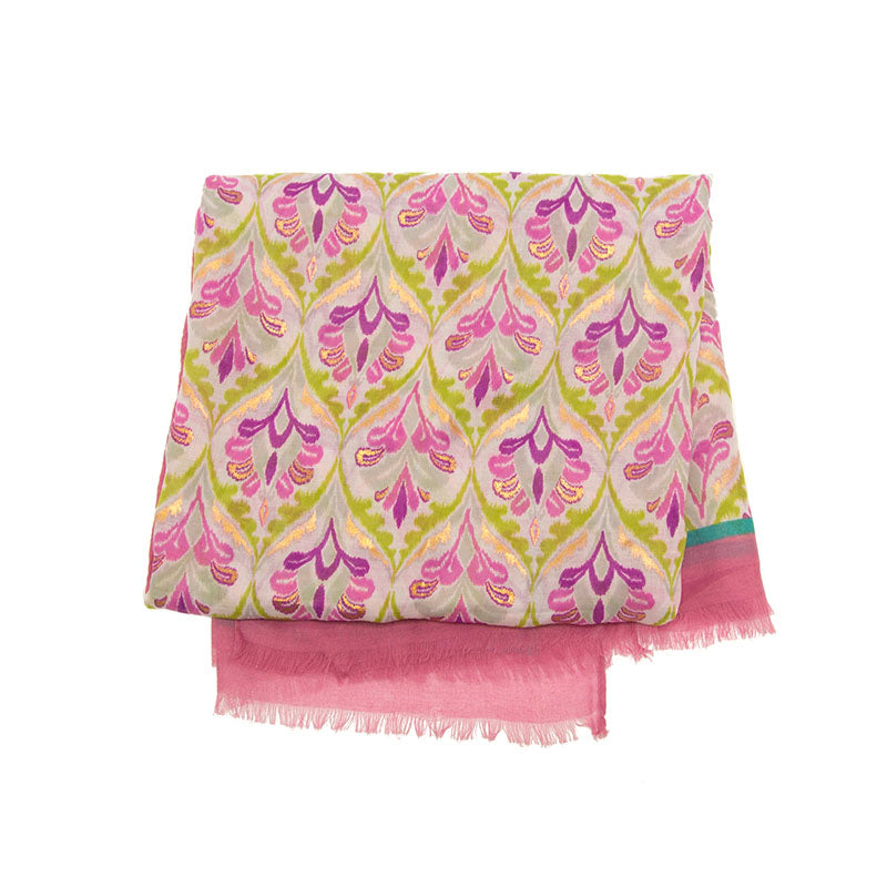 Pink Gold Accented Quatrefoil Print Bordered Long Scarf