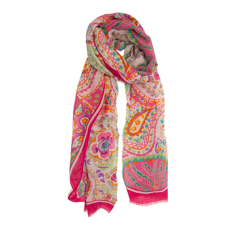 Fuchsia Pink, Green, Orange Floral Paisley Bold Border Long Scarf