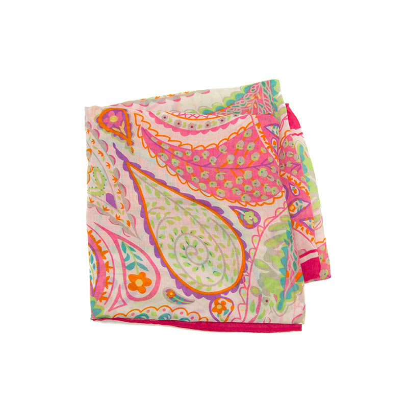 Floral Paisley Bold Border Long Scarf Fuchsia Pink Green Orange