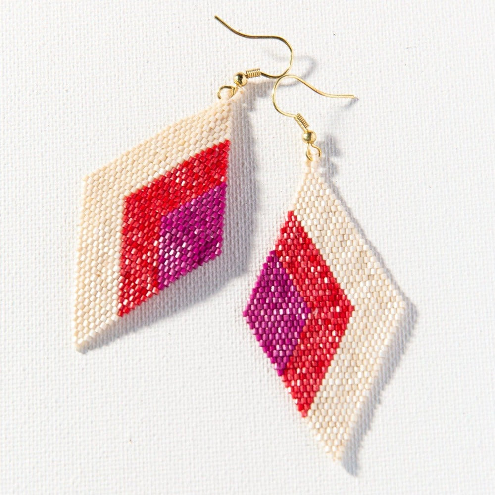 Ink + Alloy Glass Seed Bead Scarlet & Magenta Diamond Dangle Earrings