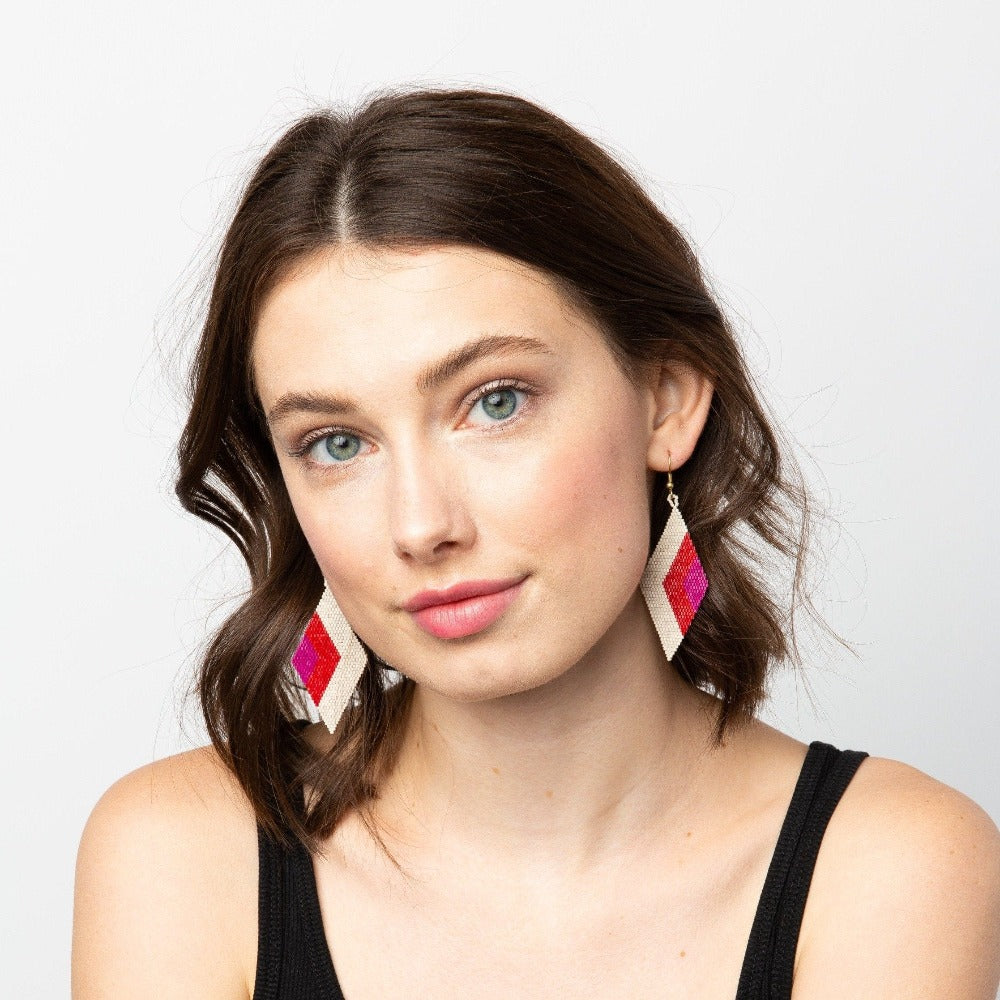 Ink + Alloy Glass Seed Bead Scarlet & Magenta Diamond Dangle Earrings