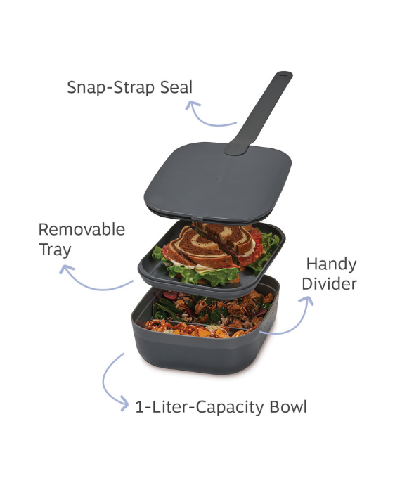 w&p porter lunchbox in charcoal grey with snap-strap seal, removable tray, handy divider, and 1-liter capacity bowl