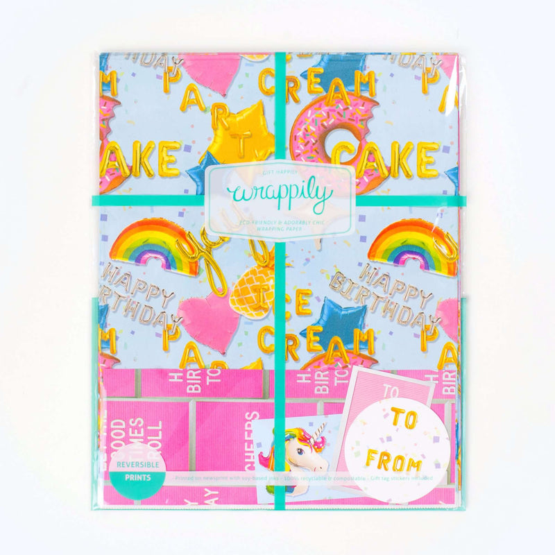Wrappily Eco Gift Wrapping Paper. Double Sided Premium Newsprint Made in the USA - Birthday Balloons / Letter Board