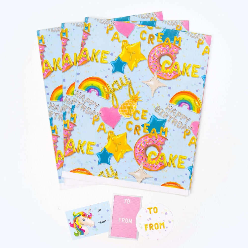 Wrappily Eco Gift Wrapping Paper. Double Sided Premium Newsprint Made in the USA - Birthday Balloons / Letter Board