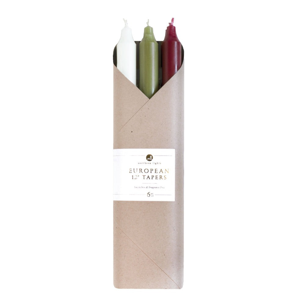 Country Christmas includes Bordeaux, Moss Green & Ivory. Gift sets contain 2pcs each of 3 different color 12 in tapers in artful combinations to suit any season or occasion. Comes packaged in a giftable paper wrap with an elegant label.