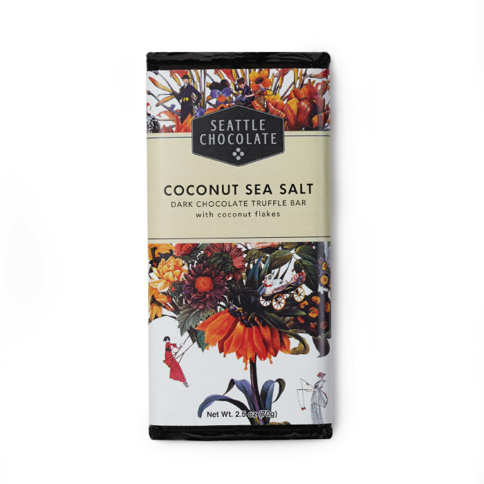 Seattle Chocolate Coconut Sea Salt Dark Chocolate Truffle Bar with coconut flakes Net Wt 2.5oz