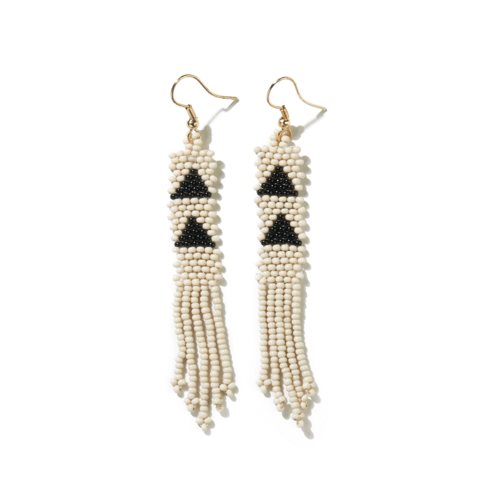 Ink + Alloy Glass Seed Beads Ivory Black Triangle Petite Fringe Seed Bead Earrings
