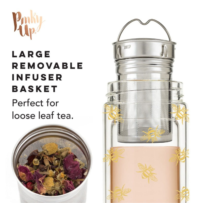 Large Removable Infuser Basket Perfect For Loose Leaf Tea. Blair™ Bee Glass Travel Infuser Mug by Pinky Up