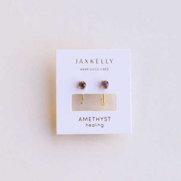 18K Gold Vermeil Dainty Huggie Hoop Earrings - Amethyst