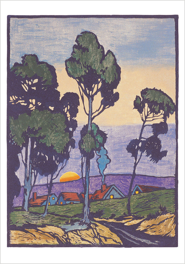 Arts and Crafts Block Prints by William S. Rice Boxed Notecard Assortment Interior Style 3 - Moonrise—Eucalyptus Grove, c. 1925