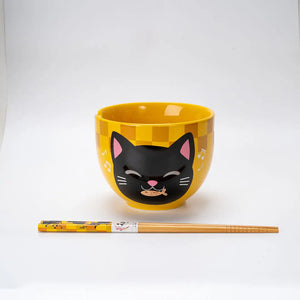 Japanese Noodle Bowl with Chopsticks Set - Neko Yellow