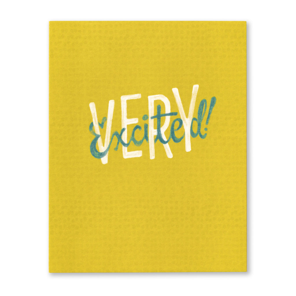 Birthday Greeting Card - Very Excited Illustration shows a yellow background with white and teal typography.