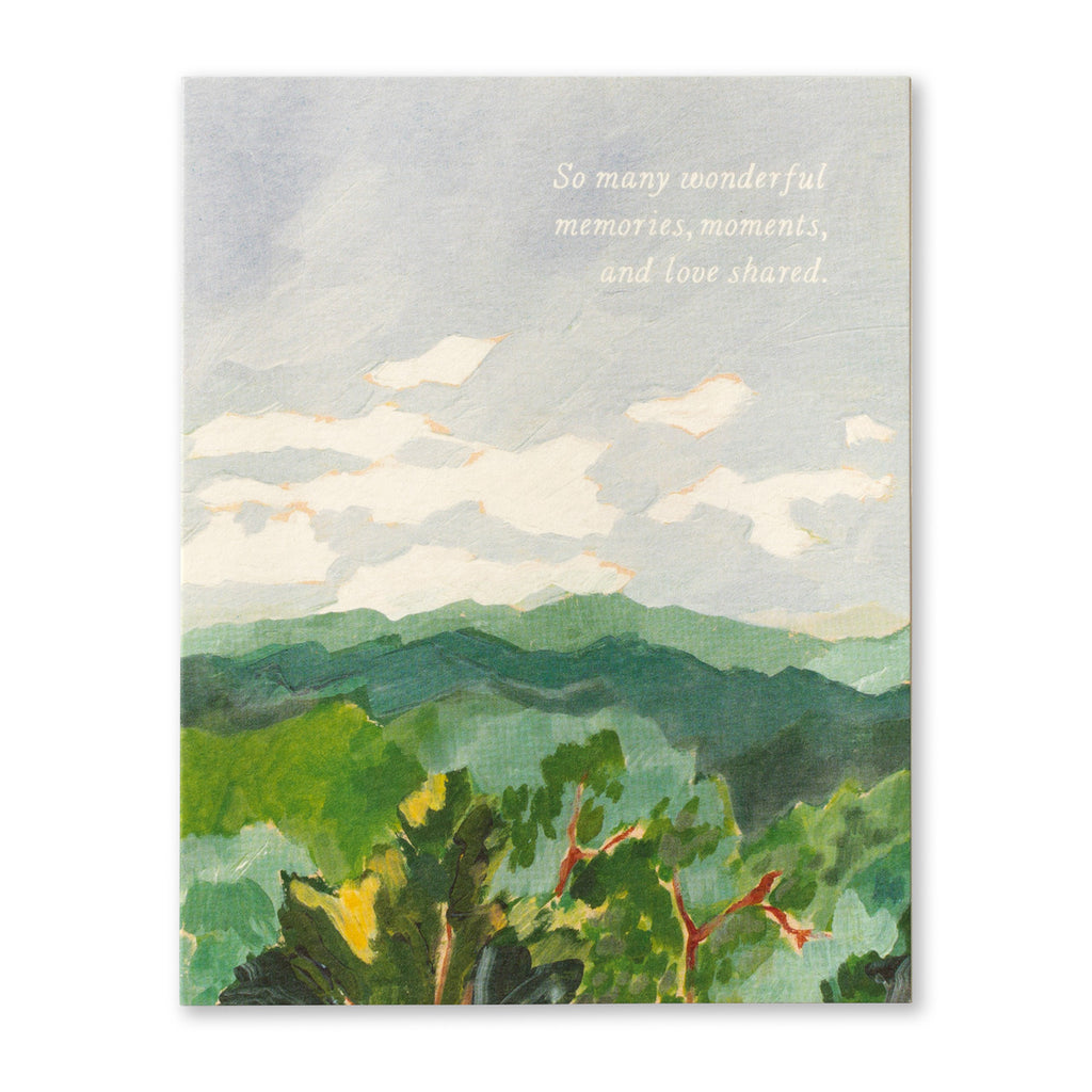 Sympathy Greeting Card - So Many Wonderful Memories. Illustration shows a green lush landscape with a pale blue grey sky.