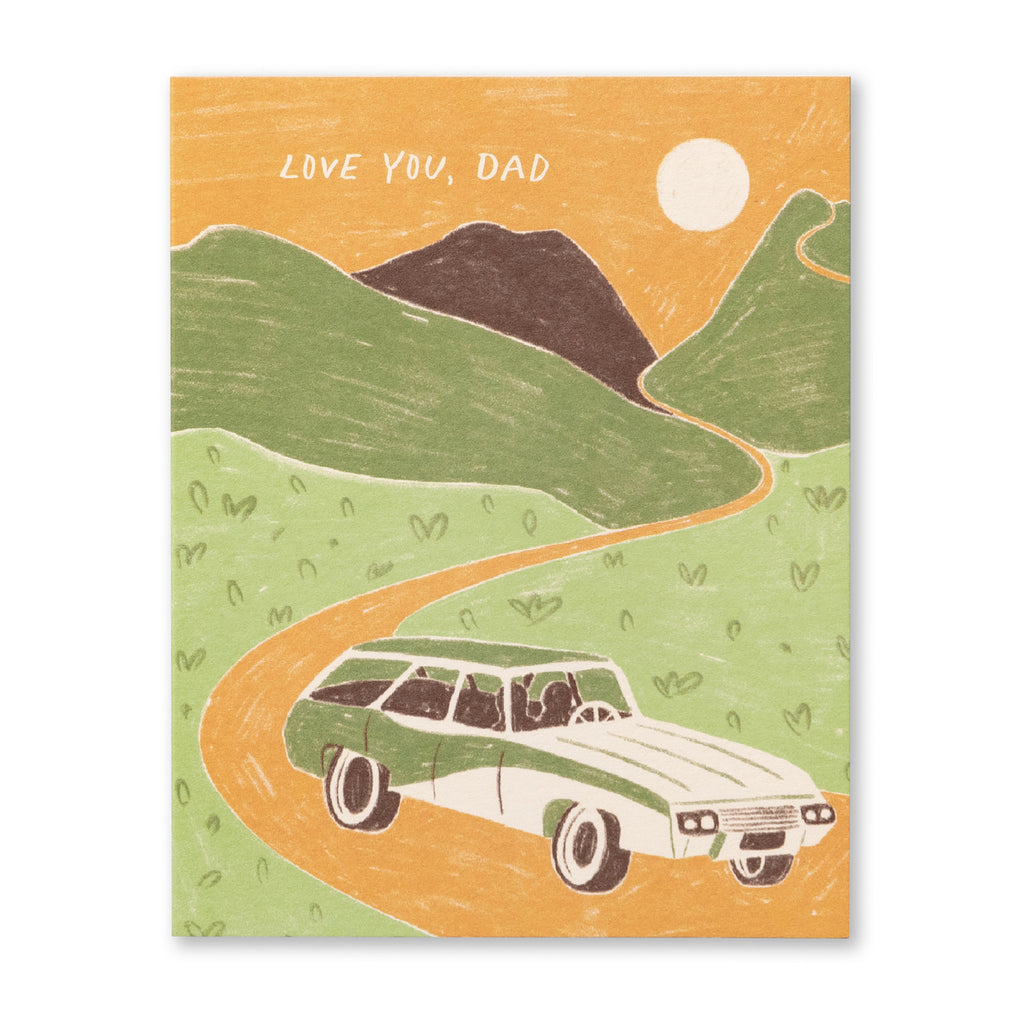 Father's Day Greeting Card - Love you, Dad. Illustration shows a car driving through rolling hills with a sun in the background sky.