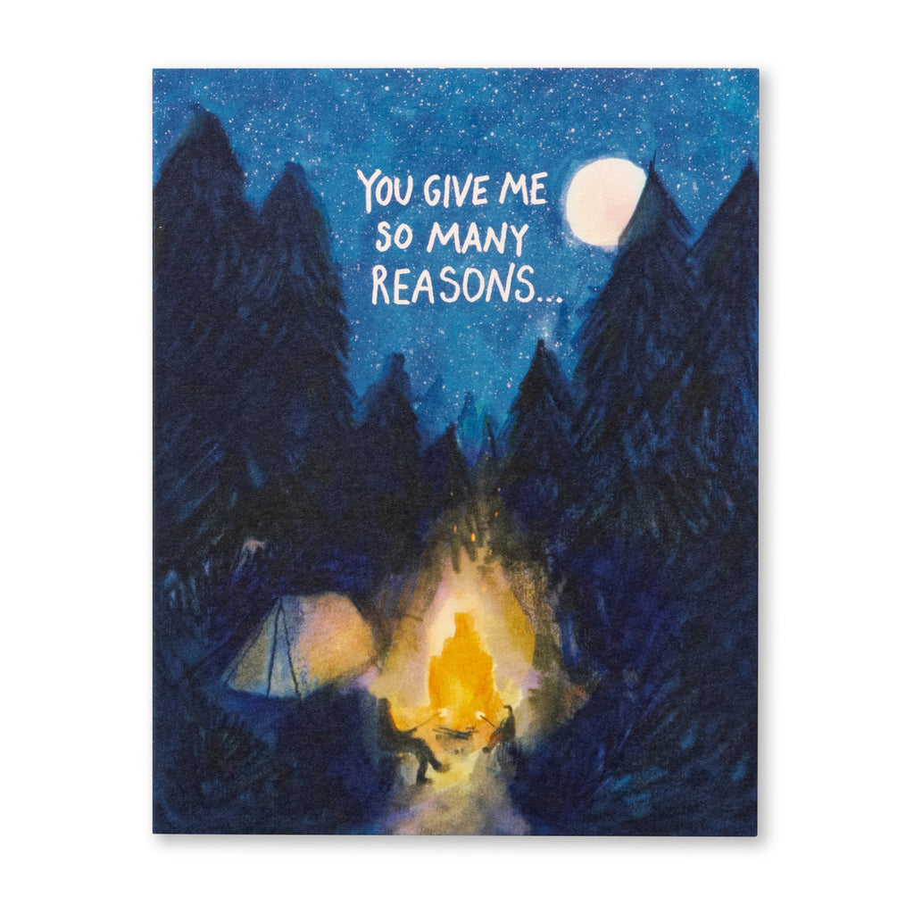 Father's Day Greeting Card - You Give Me So Many Reasons... Illustration shows a forest of trees at night with people camping around a fire under the moon.
