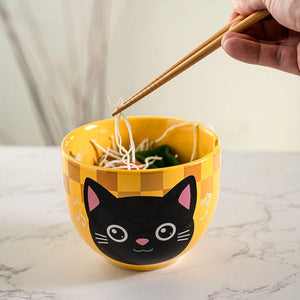 Japanese Noodle Bowl with Chopsticks Set - Neko Yellow