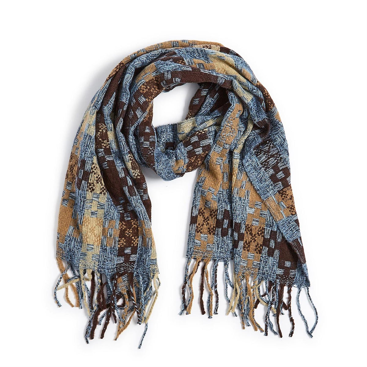 Plaid Weave Long Fringe Scarf - Blue/Brown