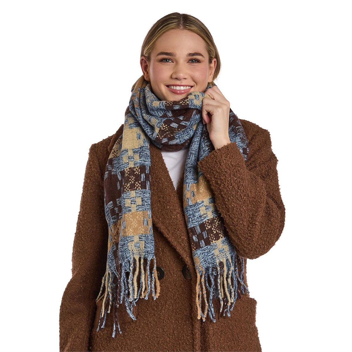 Plaid Weave Long Fringe Scarf - Blue/Brown
