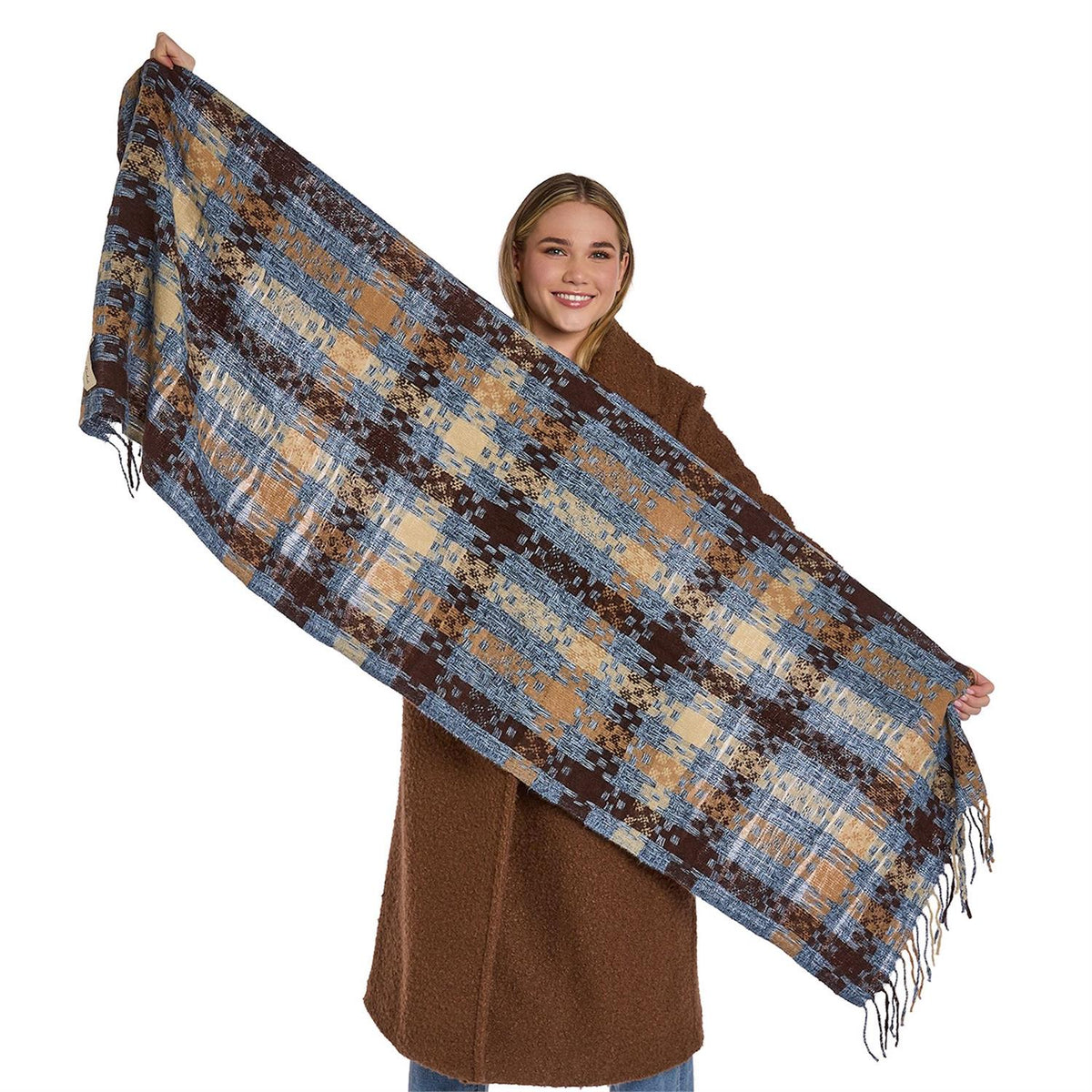 Plaid Weave Long Fringe Scarf - Blue/Brown