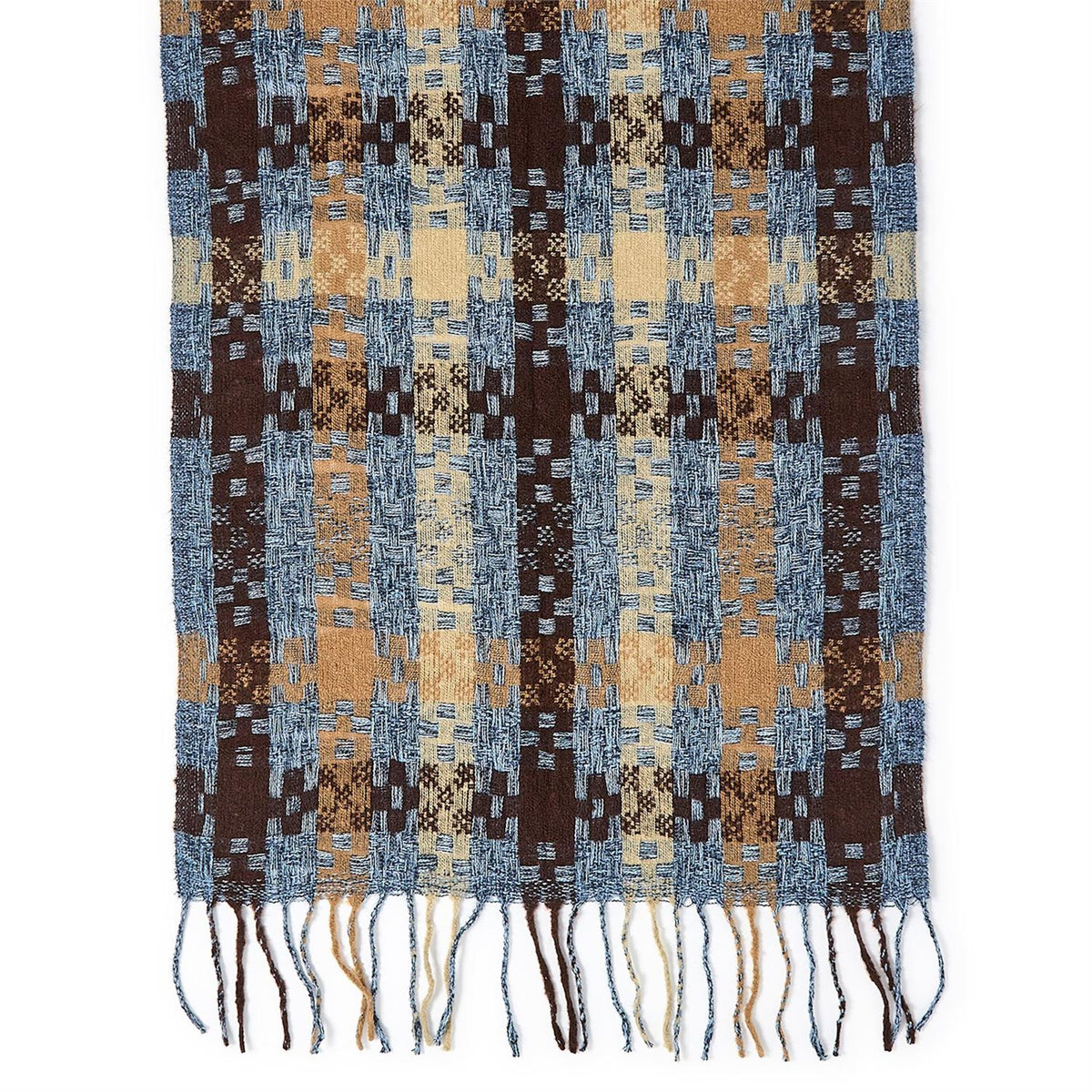 Plaid Weave Long Fringe Scarf - Blue/Brown