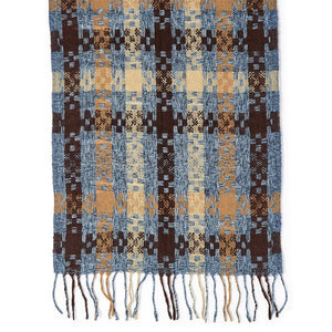 Plaid Weave Long Fringe Scarf - Blue/Brown