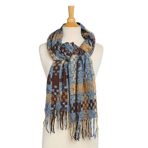 Plaid Weave Long Fringe Scarf - Blue/Brown