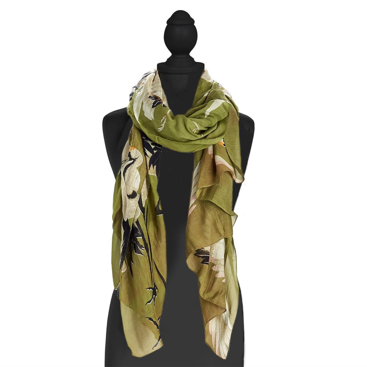Great Heron Lightweight Printed Scarf in Green on mannequin