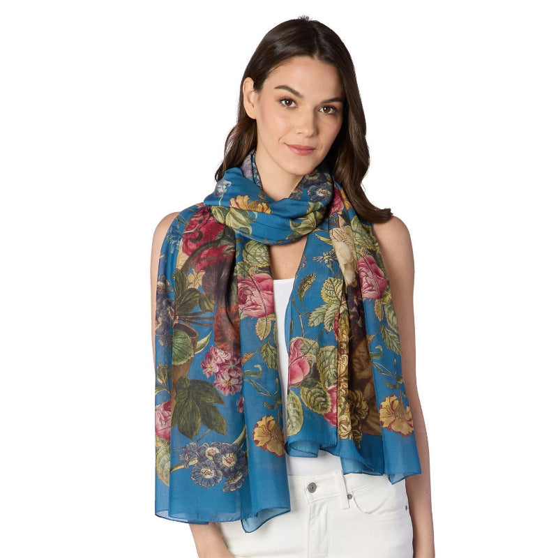 Primula Floral Print Teal Long Silky Scarf on model