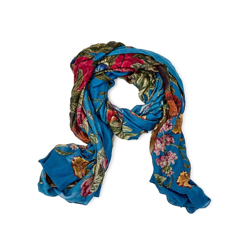 Primula Floral Print Teal Long Silky Scarf on white background