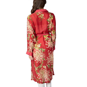 Chrysanthemum Printed Silky Duster Robe in Red back of model
