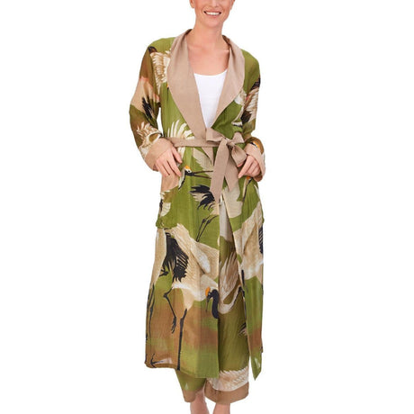Great Heron Printed Silky Duster Robe in Green on model