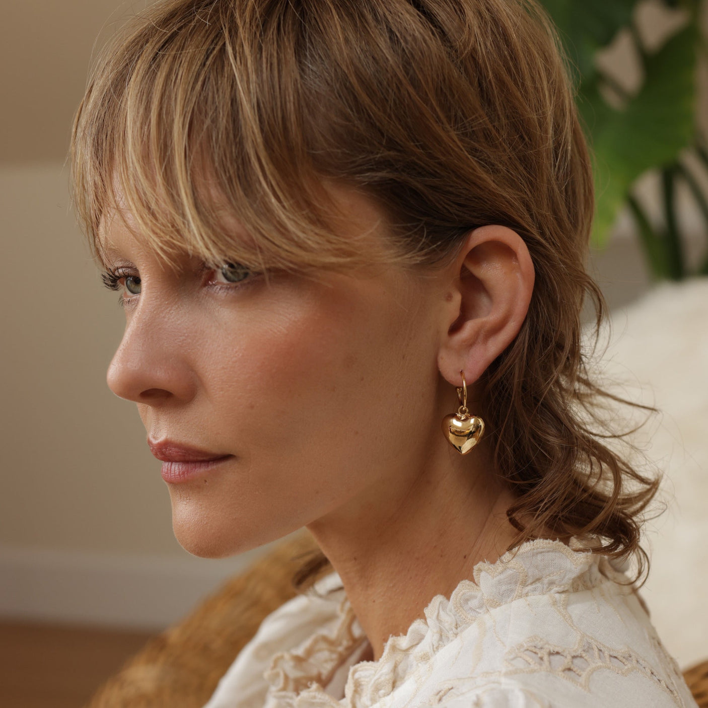 Gold Plated Puff Heart Hoop Earrings